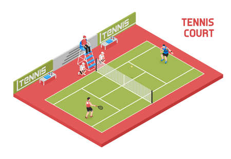 Sport field tennis court isometric composition with 2 players ball boys and referee in tall chair vector illustrationのイラスト素材