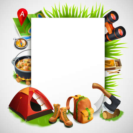 Camping realistic frame with consisting of rectangle and elements of tourist equipment vector illustrationのイラスト素材