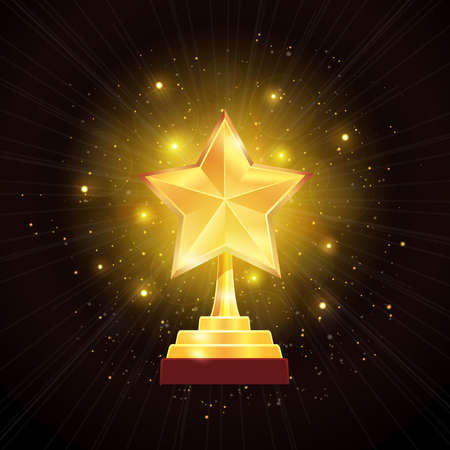 Winner glowing gold star trophy award with hazy halo of lights on black background realistic vector illustrationのイラスト素材