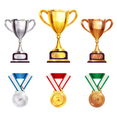 Championships competitions sport tournaments and  games winners awards trophy medal sets realistic isolated vector illustrationのイラスト素材