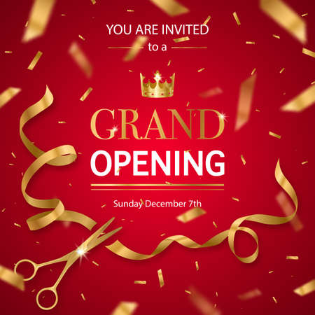 Grand opening invitation card poster with realistic golden scissors cutting ribbon and crown red background vector illustrationのイラスト素材