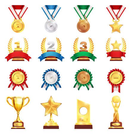 Sport trophies festival awards collection with gold silver bronze medals and football championship cup isolated vector illustrationのイラスト素材