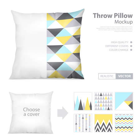 Realistic decorative white and printed covers throw pillows mockup creator webpage layout with 6 patterns choice vector illustrationのイラスト素材