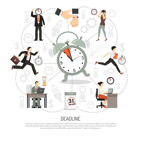 Deadline composition of flat icons productivity pictograms and flat images of alarm calendar and people characters vector illustrationのイラスト素材