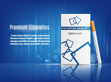 Premium cigarettes realistic composition advertisement poster with hard pack on sea blue reflective surface and background vector illustrationのイラスト素材