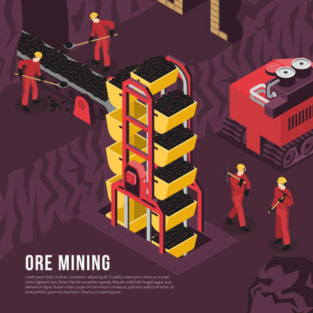 Subsurface underground mining process isometric composition poster with ore output transportation conveyor and boring machine vector illustrationのイラスト素材