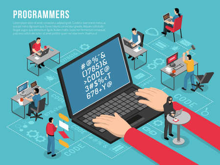 Computer programmers work Isometric conceptual composition poster with software developer code sample on laptop screen vector illustrationのイラスト素材