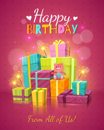 Happy birthday red background with congratulations text fireworks many gift boxes and teddy bear vector illustrationのイラスト素材