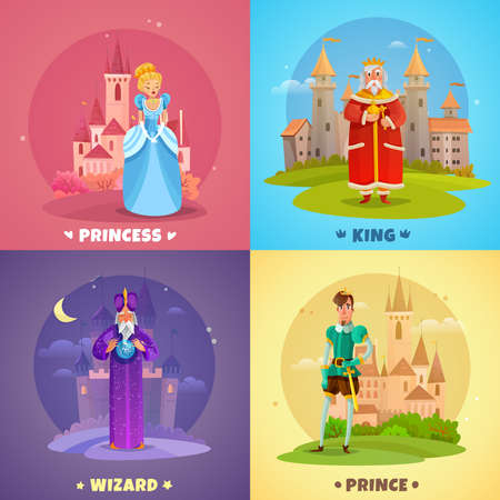 Fairytale heroes 2x2 design concept set of princess king prince wizard cartoon characters vector illustrationのイラスト素材