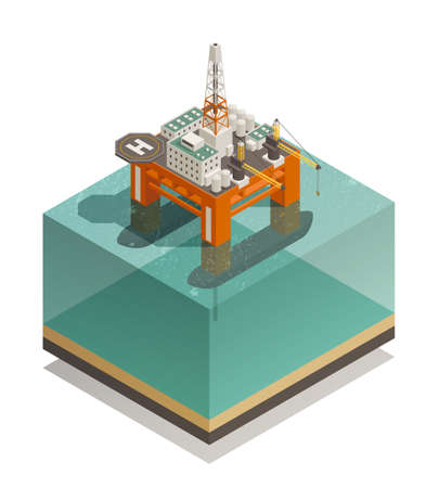 Oil production industry isometric composition with offshore platform facilities for well drilling extraction and processing vector illustrationのイラスト素材
