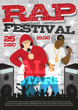 Rap music festival announcement poster template with date time popular rappers stars names and images vector illustrationのイラスト素材