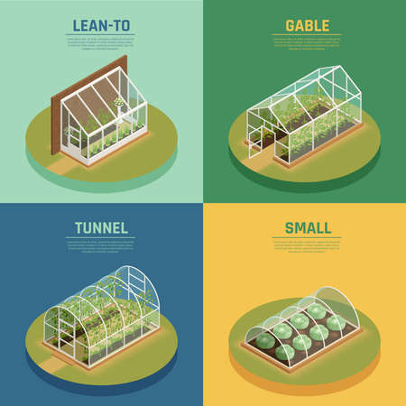Greenhouses conservatory varieties 4 isometric icons square with glasshouse cable supported greenery arch hothouse isolated vector illustrationのイラスト素材