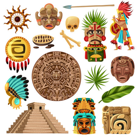 Colorful mexican decorative icons et with  with symbols of traditional  mayan culture history and religion isolated cartoon vector illustrationのイラスト素材