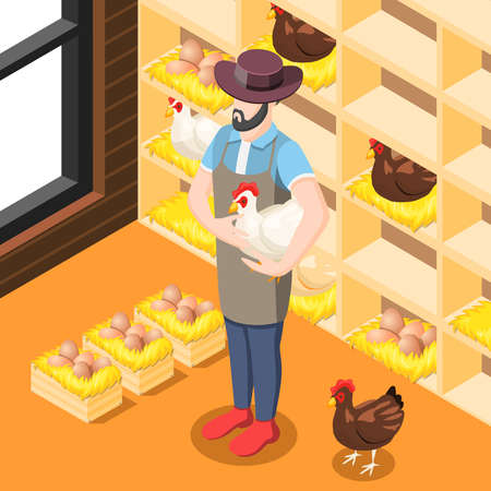 Chicken coop isometric background with farmer, hens, eggs in wooden boxes with straw vector illustrationのイラスト素材