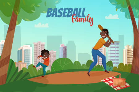 Fatherhood scene with dad and son during baseball game on city buildings background vector illustrationのイラスト素材
