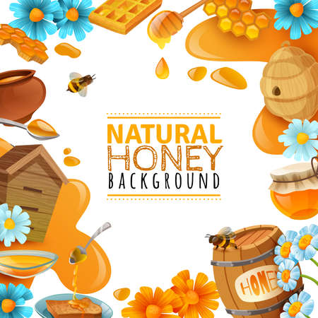 Honey cartoon colored frame with wild flowers bumble wooden cask  beehive  honeycomb vector illustrationのイラスト素材