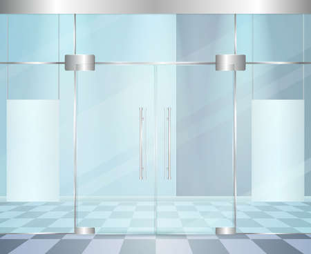 Entrance doors facade realistic 3d composition with wall of glass and modern doors with metal hinge straps vector illustrationのイラスト素材