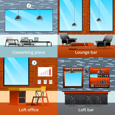 Loft interior elements gradient flat 2x2 design concept with four compositions of coworking office rooms and bars vector illustrationのイラスト素材