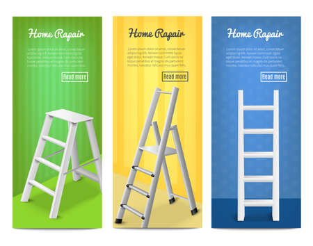 Multi purpose standing leaning realistic ladders for home repair renovation 3 vertical banners set  isolated vector illustrationのイラスト素材