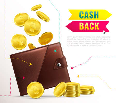 Colored realistic wallet poster with cash back headline and brown leather wallet with cash vector illustrationのイラスト素材
