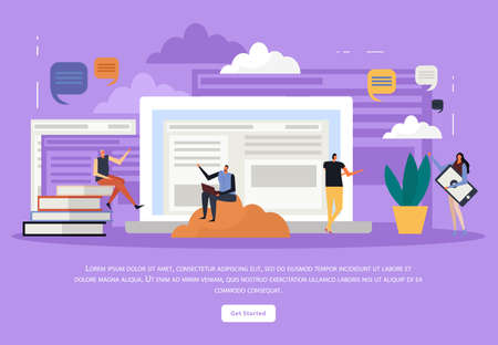 Online education flat lilac background with text information on monitors, human characters, clouds, speech bubbles vector illustrationのイラスト素材