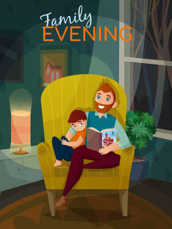 Fatherhood family evening scene with dad and son during book reading in home interior vector illustrationのイラスト素材