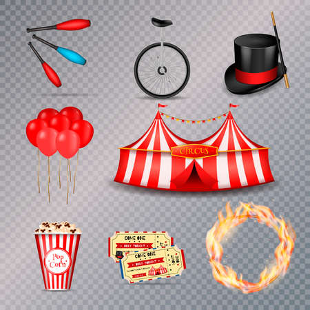 Circus set of isolated realistic 3d images with sticker style circus equipment objects on transparent background vector illustrationのイラスト素材