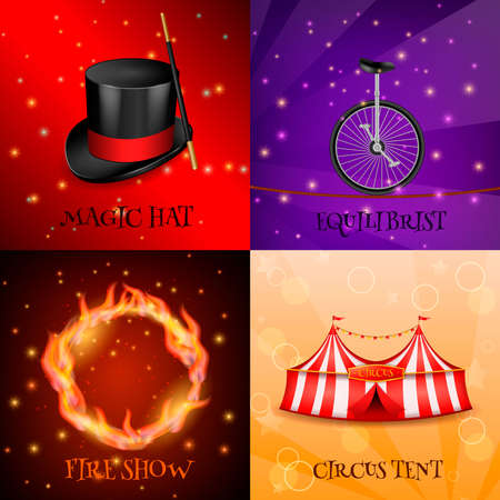 Circus 2x2 realistic 3d design concept with four backgrounds for magic show colourful images and text vector illustrationのイラスト素材