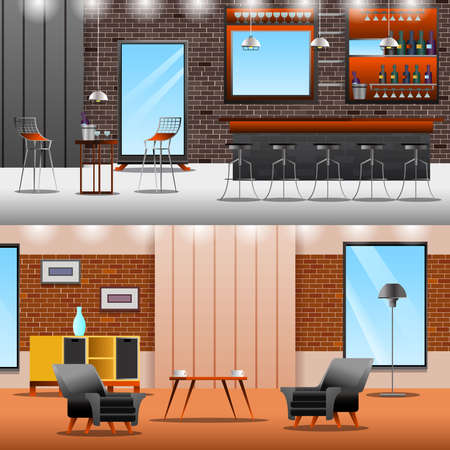 Loft interior elements gradient flat banners set with pieces of furniture text and read more button vector illustrationのイラスト素材