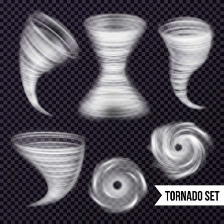 Storm hurricane tornado cyclone realistic set with isolated images of airy spiral swirls on transparent background vector illustrationのイラスト素材