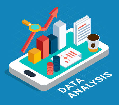 Data analysis abstract poster with algorithm magnifier cup of coffee isometric icons placed on smartphone screen vector illustrationのイラスト素材