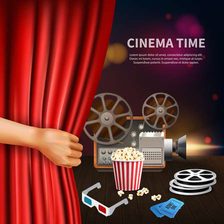 Realistic cinema time background with 3d glasses camcorder reels tickets and tickets vector illustrationのイラスト素材