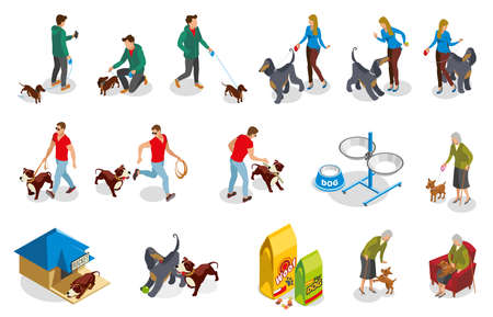 Ordinary life of dog and owner isometric icons with pet training, walking and feeding isolated vector illustrationのイラスト素材