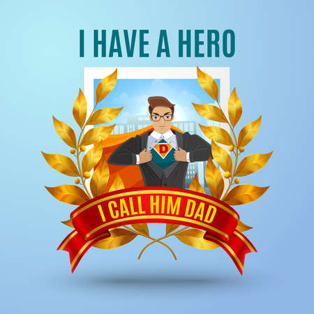 Dad day background with text and human character of cartoon father dressed in super hero costume vector illustrationのイラスト素材