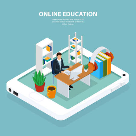 Learner at computer during online education, interior objects on mobile device screen, turquoise background, isometric vector illustrationのイラスト素材