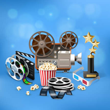 Realistic blue cinema background with popcorn bucket camcorder golden trophy clapboard and film strip vector illustrationのイラスト素材