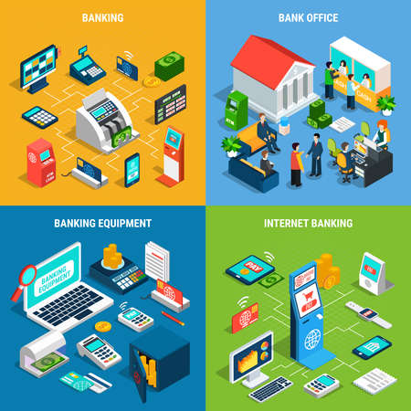 Banking isometric design concept with office interior and staff, professional equipment, online payment service isolated vector illustrationのイラスト素材