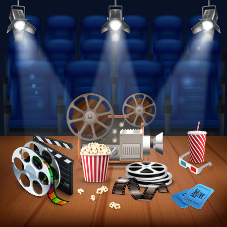 Realistic background with different objects for shooting and watching movies and empty seats in cinema vector illustrationのイラスト素材