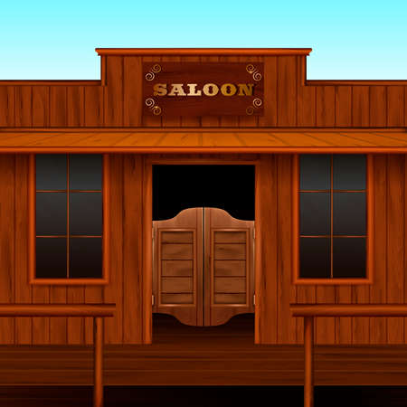 Entrance doors facade realistic 3d composition with vintage american building with sign board and wooden doors vector illustrationのイラスト素材