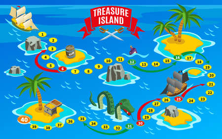 Pirates board game isometric map on blue background with reefs and sail boats vector illustrationのイラスト素材