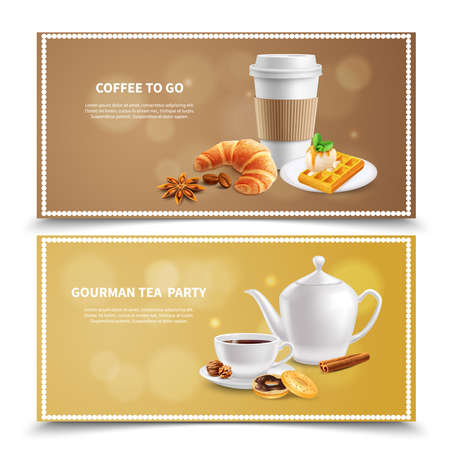 Two horizontal banners with coffee and various desserts for breakfast realistic isolated vector illustrationのイラスト素材