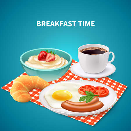Realistic breakfast time background with porridge eggs sausages croissant and coffee on checked napkin vector illustrationのイラスト素材