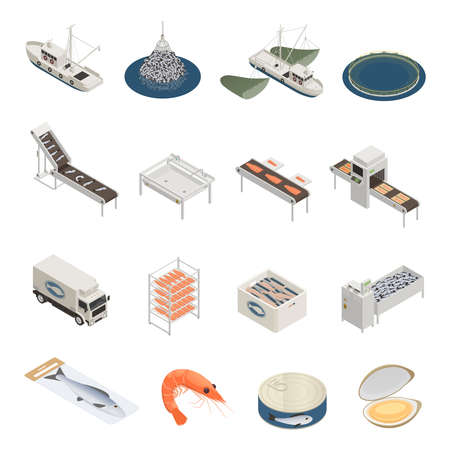 Fish industry seafood production isometric icons with pieces of industrial equipment vessels and ready marine products vector illustrationのイラスト素材