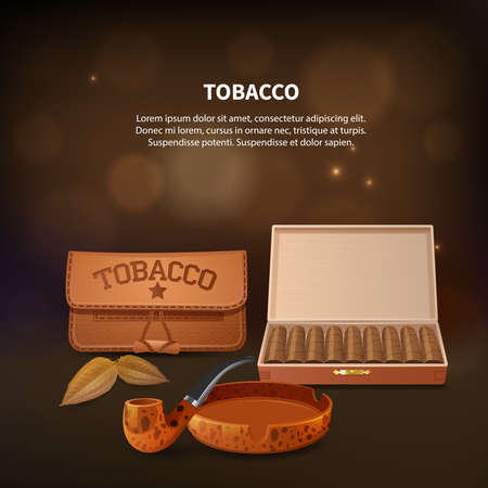 Tobacco realistic composition with smoking pipe tobacco and necessary attributes for smoking vector illustrationのイラスト素材