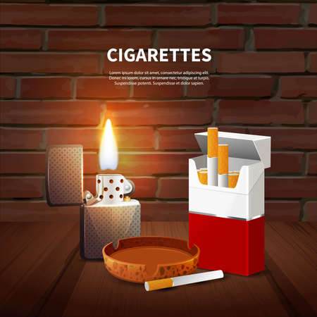 Tobacco realistic poster with pack of cigarettes ashtray and lighter on dark background vector illustrationのイラスト素材