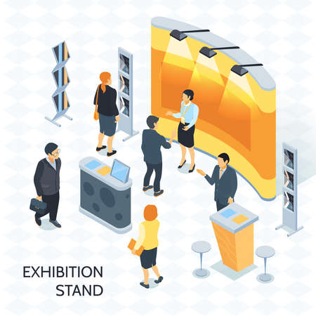Exhibition isometric vector illustration with visitors and consultant with badge near expo stand illuminated by spotlightsのイラスト素材