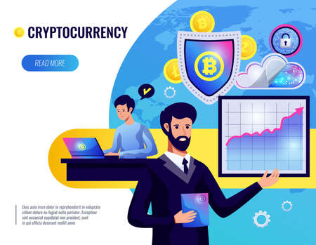 Cryptocurrency vector illustration of people involved in cryptocurrency mining and finance market analysis flat vector illustrationのイラスト素材