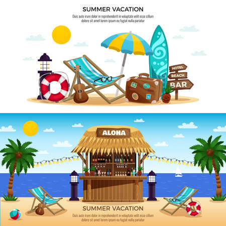 Summer vacation horizontal banners with tropical bungalow bar and set of accessories for beach holiday vector illustrationのイラスト素材