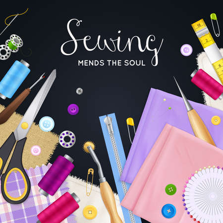 Realistic colorful sewing tools for handiwork on black background with awl pins scissors needle vector illustrationのイラスト素材