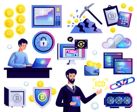 Cryptocurrency icons set of bitcoin mining block chains ICO launch graph of currency rates isolated vector illustrationのイラスト素材